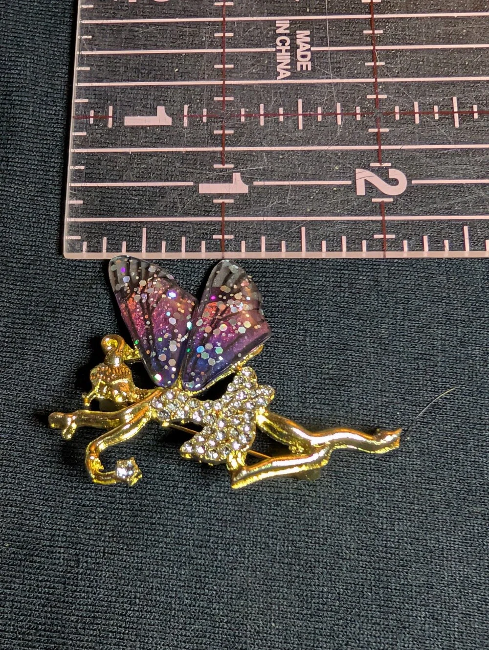 Gold Fairy Brooch with Glitter Pink-Purple Wings